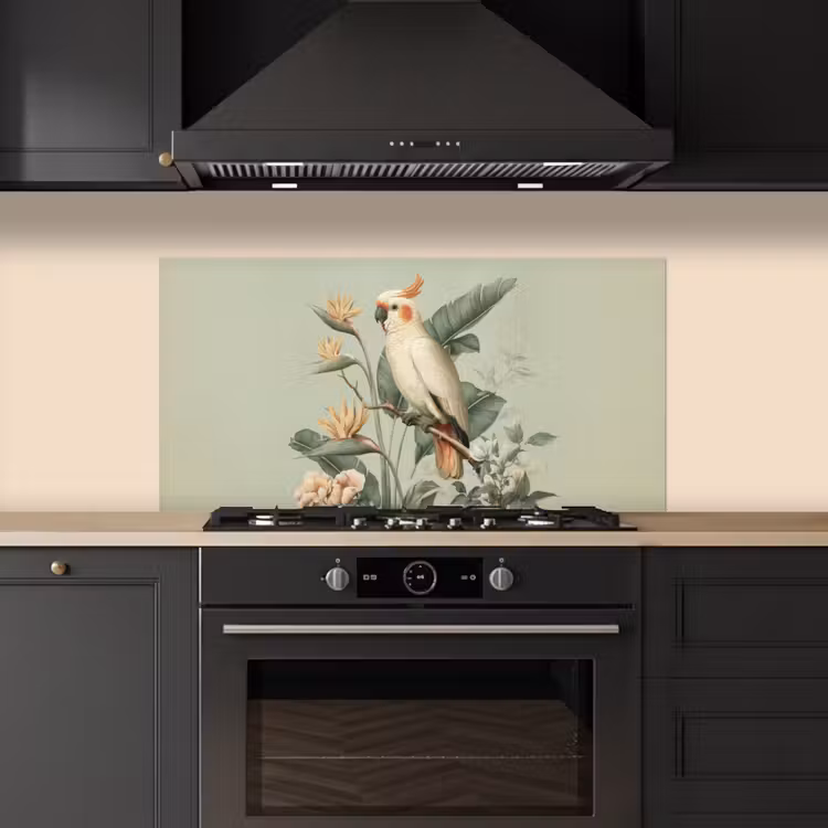 Gele kuifkaketoe - paradijsvogelbloemen - Groen keuken achterwand spatscherm middel -sfeer1