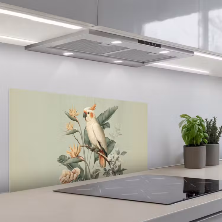 Gele kuifkaketoe - paradijsvogelbloemen - Groen keuken achterwand spatscherm middel -3d_schuin