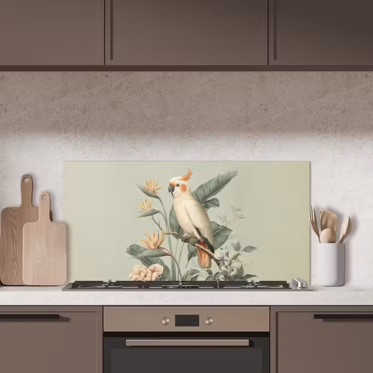 Gele kuifkaketoe - paradijsvogelbloemen - Groen keuken achterwand spatscherm middel -sfeer2