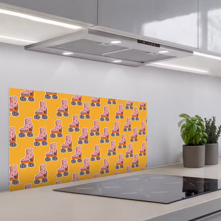 Geel - Rolschaatsen - Patroon keuken achterwand spatscherm middel 899 -3d_schuin