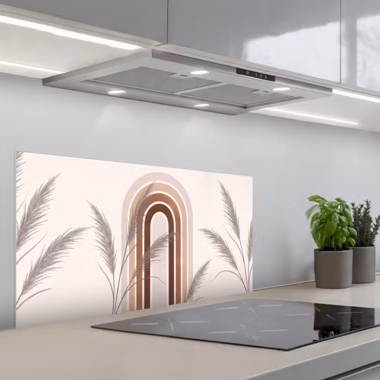 Abstract - Bogen - Plant - Boho - Beige keuken achterwand spatscherm middel -3d_schuin