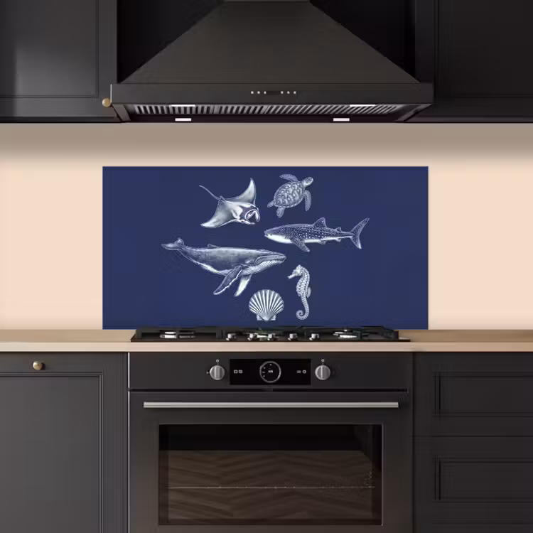 Dieren - Zeeleven - Oceaan - Graveren - Blauw keuken achterwand spatscherm middel -sfeer1