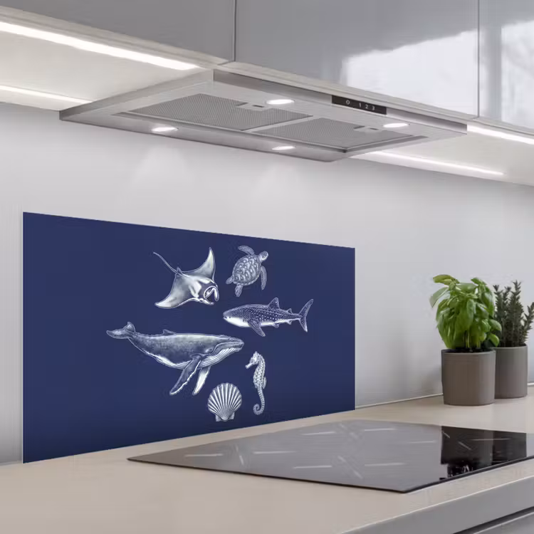 Dieren - Zeeleven - Oceaan - Graveren - Blauw keuken achterwand spatscherm middel -3d_schuin