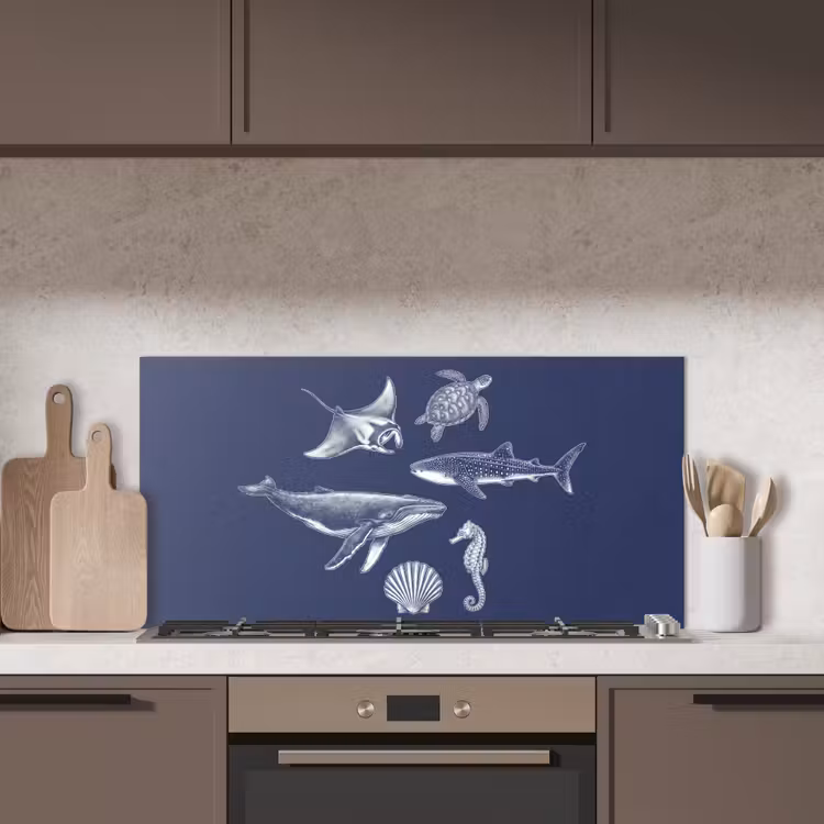 Dieren - Zeeleven - Oceaan - Graveren - Blauw keuken achterwand spatscherm middel -sfeer2