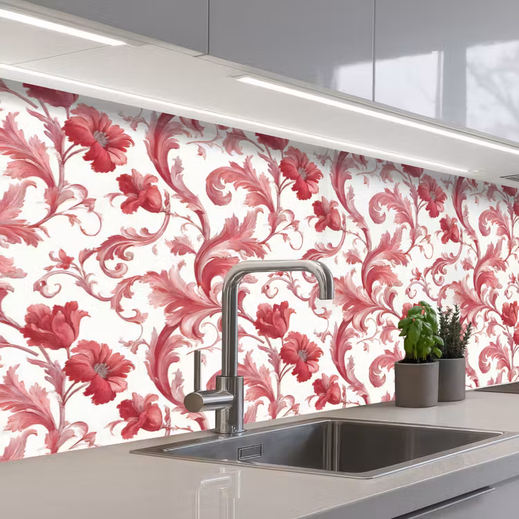 Barok - Patroon - Rood keuken achterwand 2 groot 857 -3d_schuin