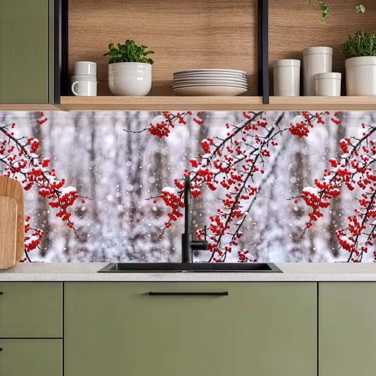 Bessen - Takken - Sneeuw - Winter - Kleurrijk keuken achterwand 2 middel -sfeer3
