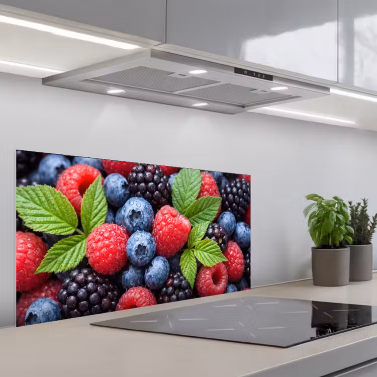 Bessen - Vers - Waterdruppels - Kleurrijk - Eten keuken achterwand spatscherm middel -3d_schuin