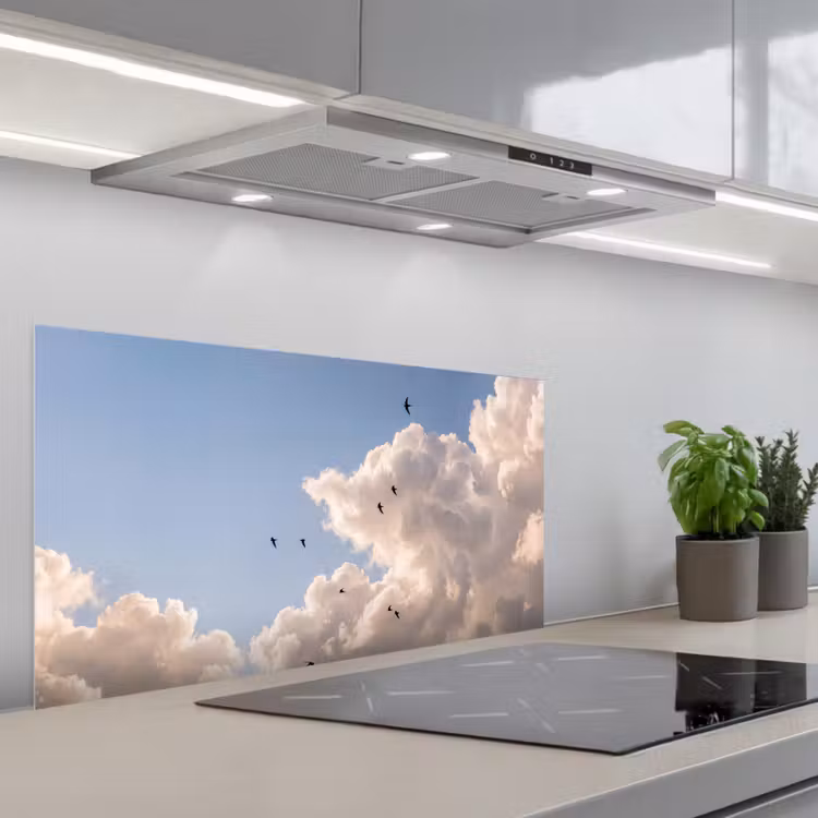 Vogel - Vlucht - Wolken - Natuur - Blauw keuken achterwand spatscherm middel -3d_schuin