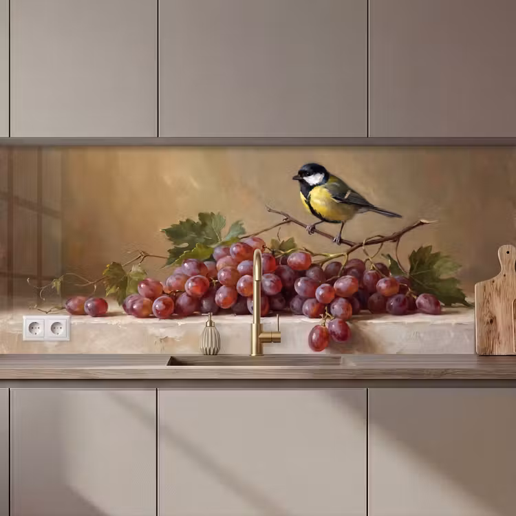 Kitchen Wall Splashback - Bird - Grapes - Still Life - Vogel - Druiven - Stilleven keuken achterwand 2 middel zz_3dshopping