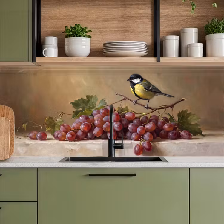 Kitchen Wall Splashback - Bird - Grapes - Still Life - Vogel - Druiven - Stilleven keuken achterwand 2 middel