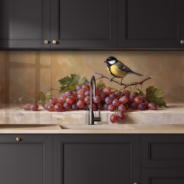 Kitchen Wall Splashback - Bird - Grapes - Still Life - Vogel - Druiven - Stilleven keuken achterwand 2 middel