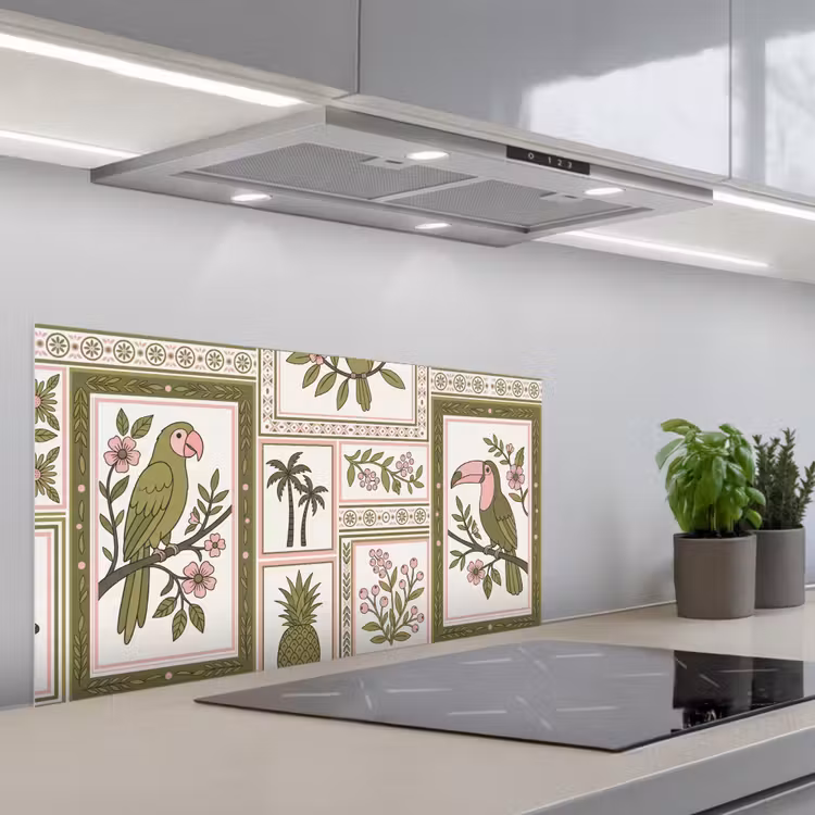 Vogel - Tropisch - Patroon - Decoratief - Groen keuken achterwand spatscherm middel -3d_schuin