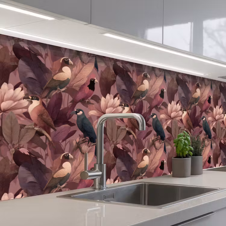 Vogels - Bladeren - Roze keuken achterwand 2 groot 857 -3d_schuin