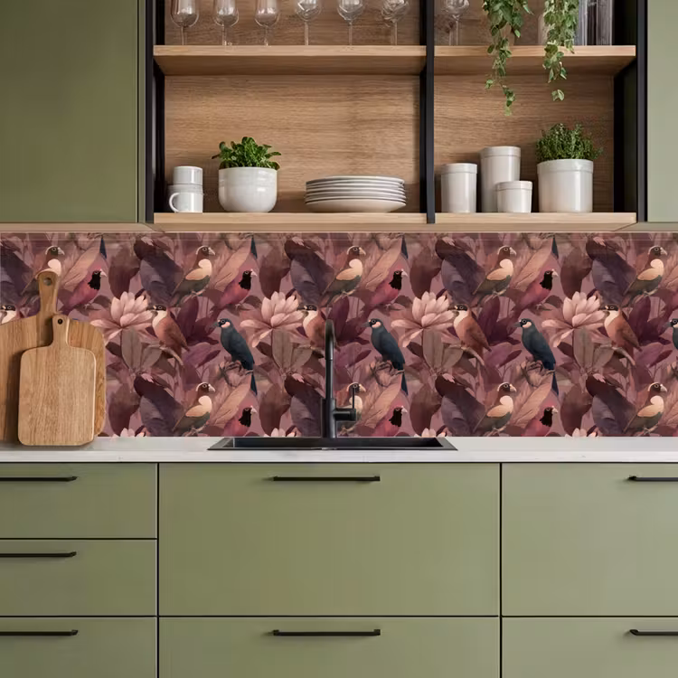Vogels - Bladeren - Roze keuken achterwand 2 groot 857 -sfeer3