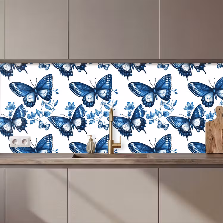 Blauw - Vlinders - Bloemen - Wit keuken achterwand 2 middel 871 zz_3dshopping