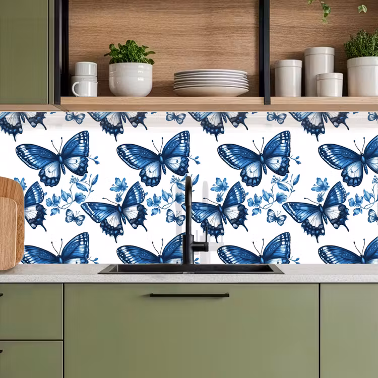 Blauw - Vlinders - Bloemen - Wit keuken achterwand 2 middel 871 -sfeer3