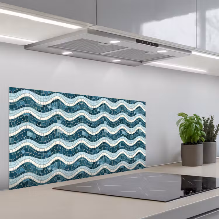 Blauw - Wit - Mozaïek - Golvend keuken achterwand spatscherm middel 899 -3d_schuin