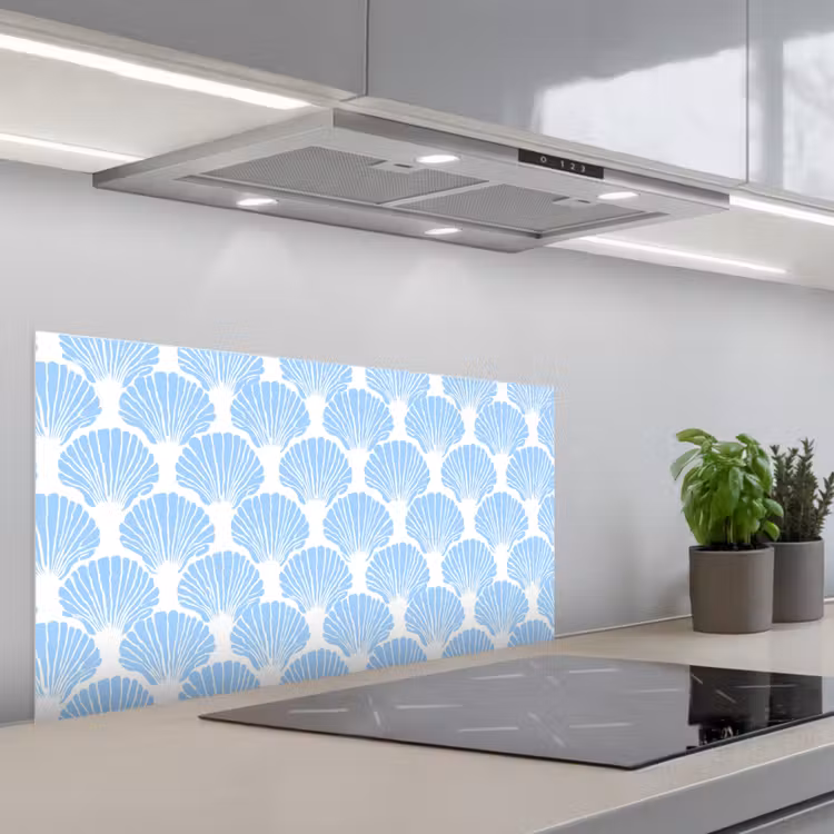 Blauw - Wit - Schelpen - Grafisch - Structuur keuken achterwand spatscherm middel 899 -3d_schuin