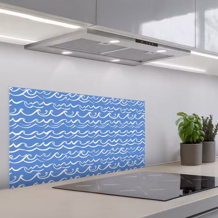 Blauw - Wit - Simpel - Getekend - Golven keuken achterwand spatscherm middel 899 -3d_schuin