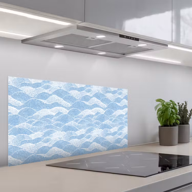 Blauw - Wit - Golven - Getekend keuken achterwand spatscherm middel 899 -3d_schuin