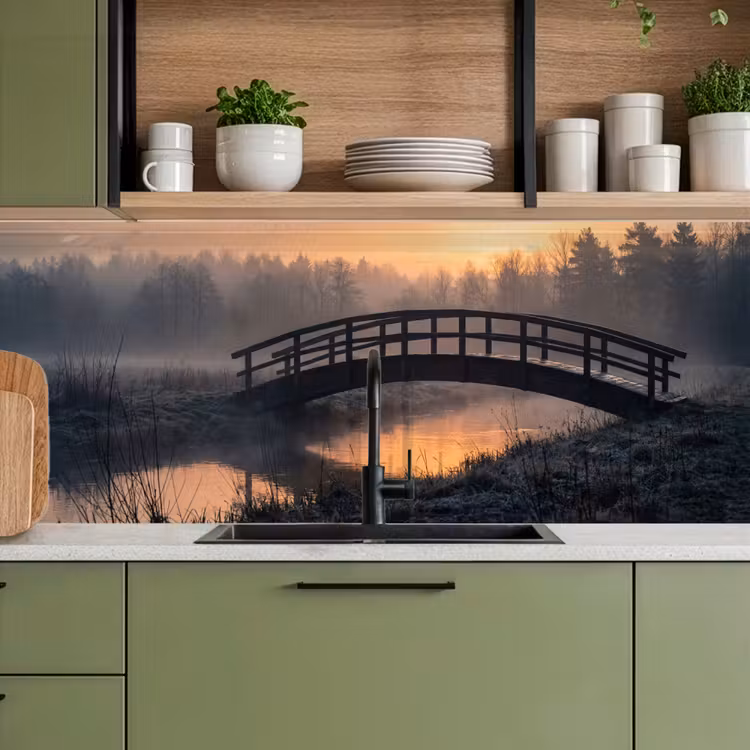 Brug - Mist - Bomen - Water keuken achterwand 2 middel -sfeer3