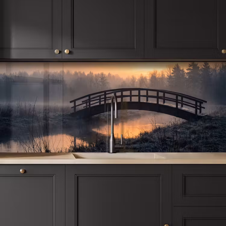 Brug - Mist - Bomen - Water keuken achterwand 2 middel -sfeer1