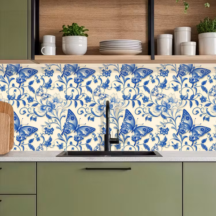 Vlinders - Bloemen - Blauw - Botanisch keuken achterwand 2 middel 871 -sfeer3
