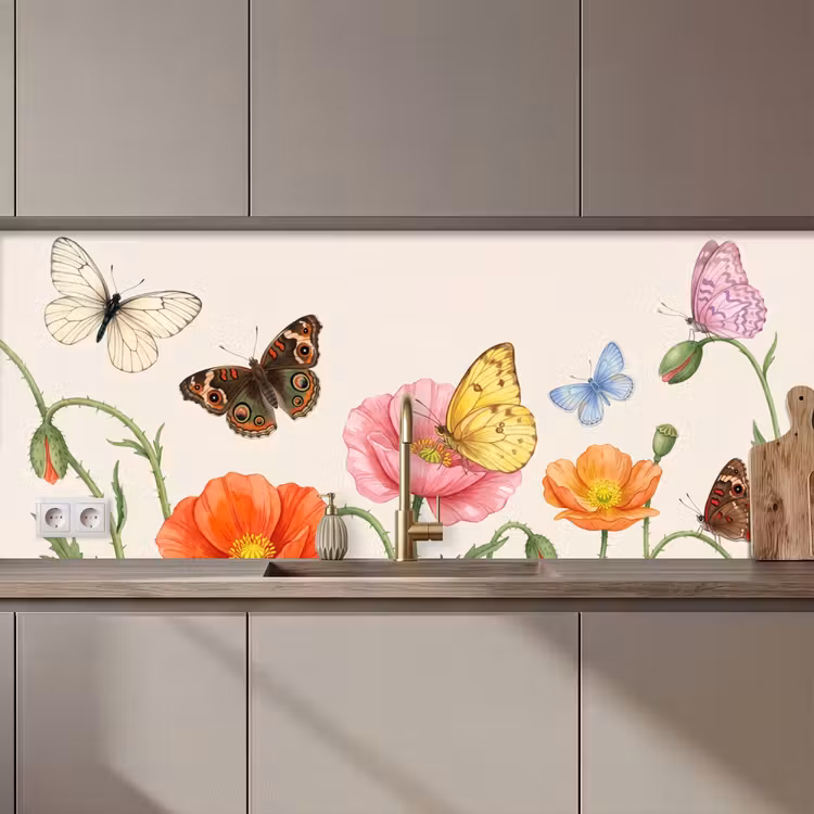 Vlinders - Klaprozen - Illustratie - Kleurrijk keuken achterwand 2 middel zz_3dshopping