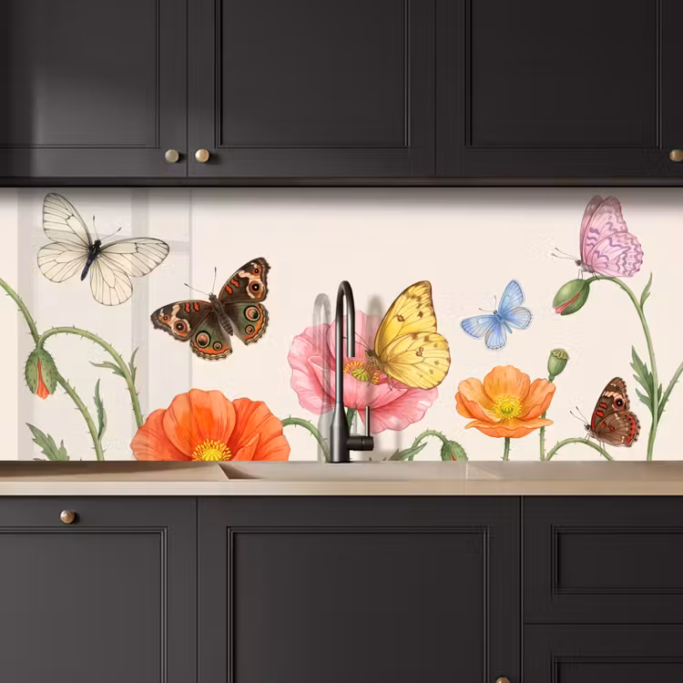 Vlinders - Klaprozen - Illustratie - Kleurrijk keuken achterwand 2 middel -sfeer1