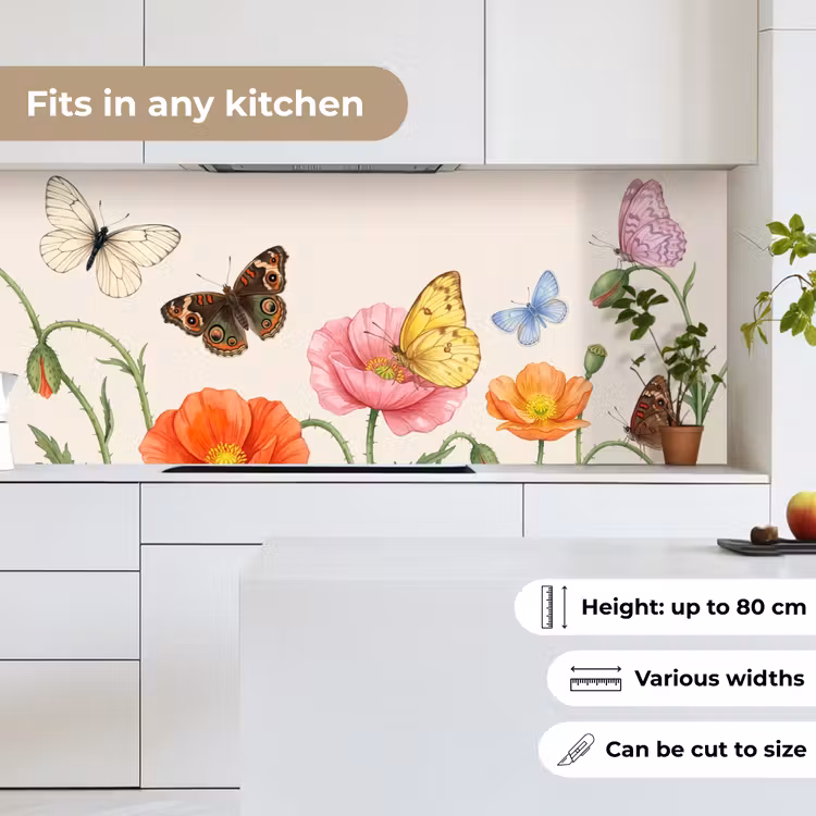 Vlinders - Klaprozen - Illustratie - Kleurrijk keuken achterwand 2 middel -sfeer4_UK