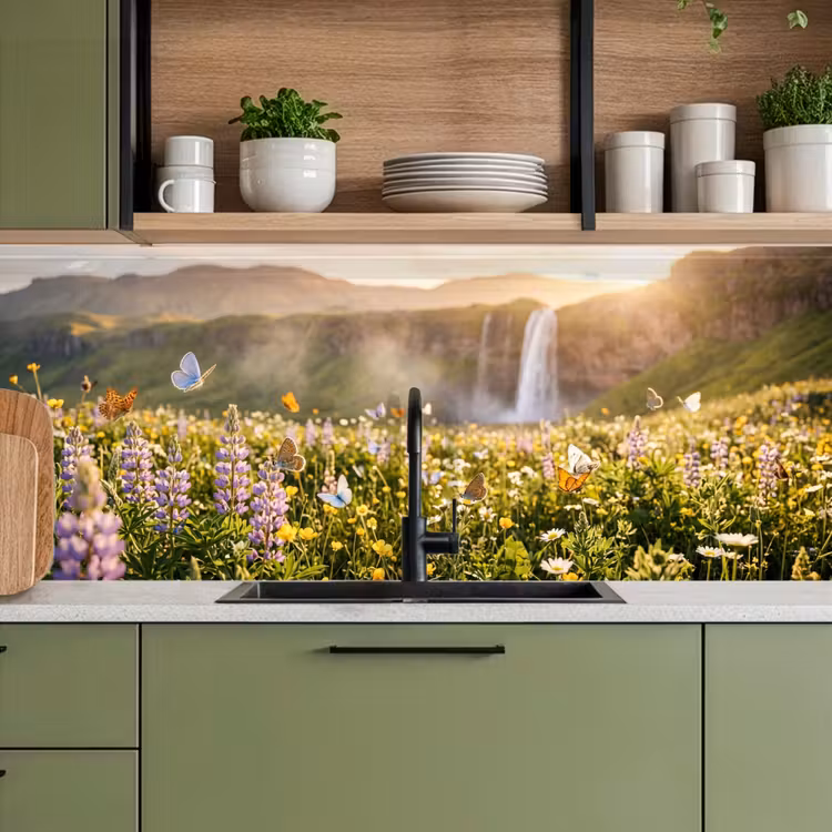 Vlinders - Waterval - Bloemenveld keuken achterwand 2 middel -sfeer3