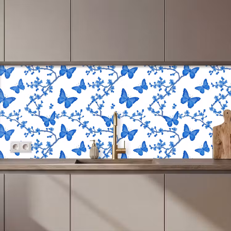 Vlinder - Bloemen - Blauw keuken achterwand 2 middel 871 zz_3dshopping