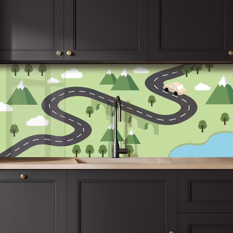 Auto - Bergweg - Natuur - Illustratie keuken achterwand 2 middel -sfeer1