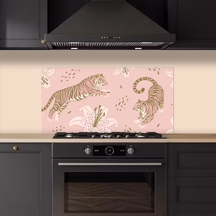 Kat - Springend - Bloemen - Abstract - Roze keuken achterwand spatscherm middel -sfeer1