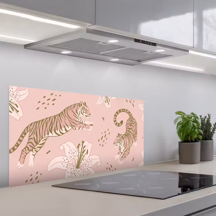 Kat - Springend - Bloemen - Abstract - Roze keuken achterwand spatscherm middel -3d_schuin
