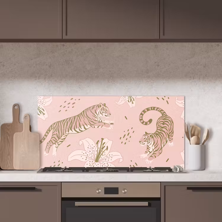 Kat - Springend - Bloemen - Abstract - Roze keuken achterwand spatscherm middel -sfeer2