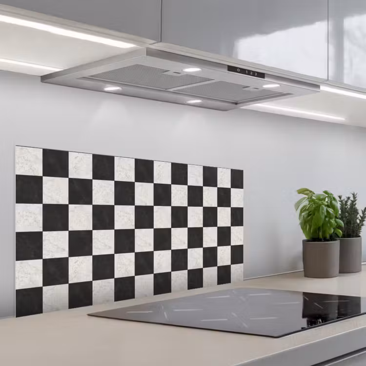 Dambord - Marmer - Zwart - Wit keuken achterwand spatscherm middel 899 -3d_schuin