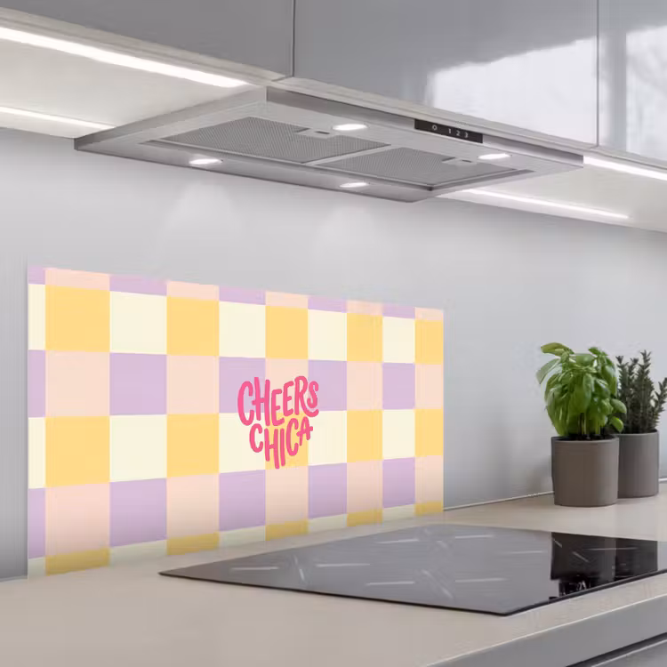 Cheers Chica - Ruitjes - Lila - Geel keuken achterwand spatscherm middel -3d_schuin
