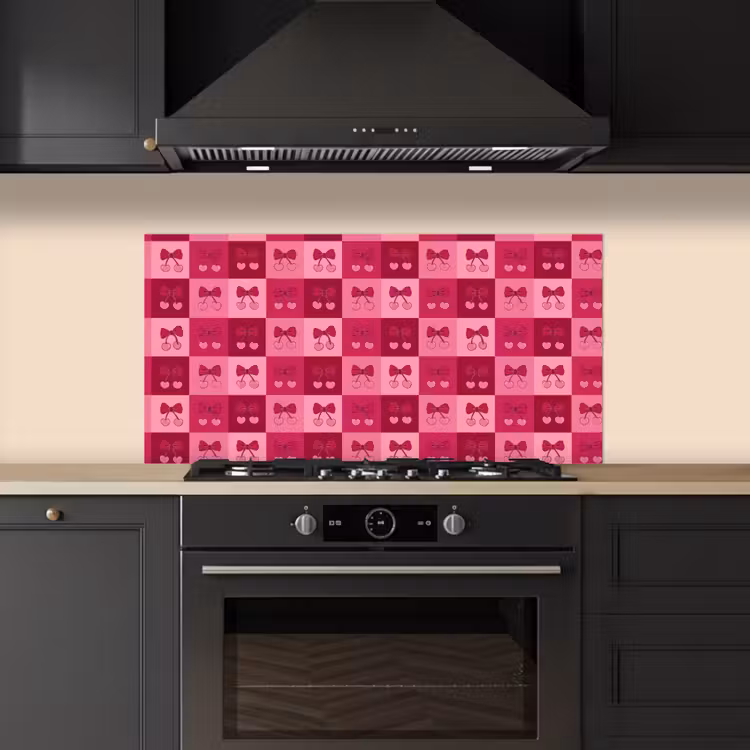 Kersen - Strikjes - Speels - Roze - Bordeaux keuken achterwand spatscherm middel 899 -sfeer1