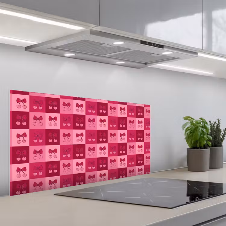 Kersen - Strikjes - Speels - Roze - Bordeaux keuken achterwand spatscherm middel 899 -3d_schuin