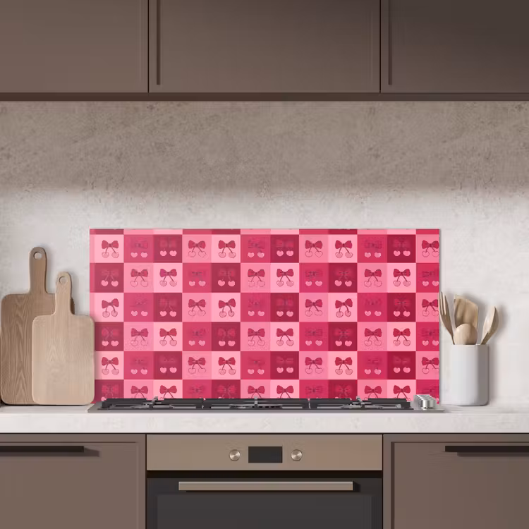 Kersen - Strikjes - Speels - Roze - Bordeaux keuken achterwand spatscherm middel 899 -sfeer2