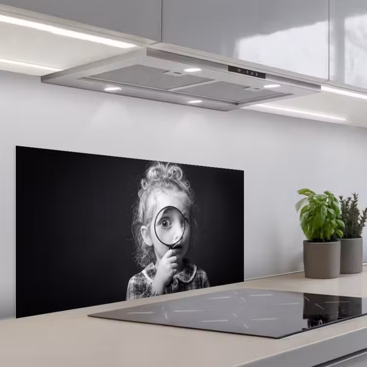 Kind - Vergrootglas - Portret - Zwart-wit keuken achterwand spatscherm middel -3d_schuin