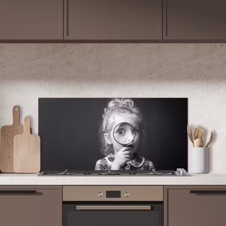 Kind - Vergrootglas - Portret - Zwart-wit keuken achterwand spatscherm middel -sfeer2