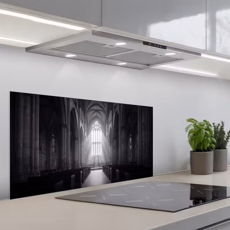 Kerk - Interieur - Lichtstralen - Architectuur - Klassiek keuken achterwand spatscherm middel -3d_schuin