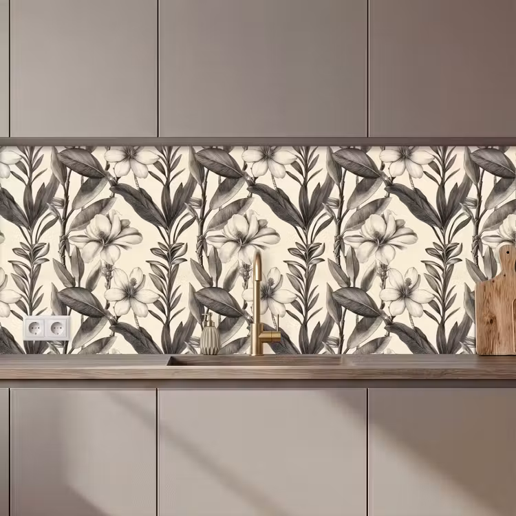 Klassiek - Botanisch - Zwart - Beige keuken achterwand 2 middel 871 zz_3dshopping