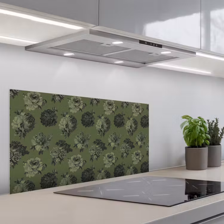 Klassiek - botanisch - olijfgroen - bloemen keuken achterwand spatscherm middel 899 -3d_schuin