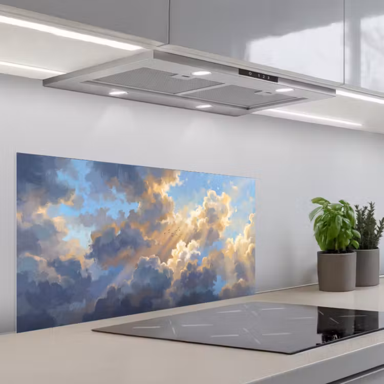 Wolken - Zonnestralen - Natuur - Abstract - Blauw keuken achterwand spatscherm middel -3d_schuin