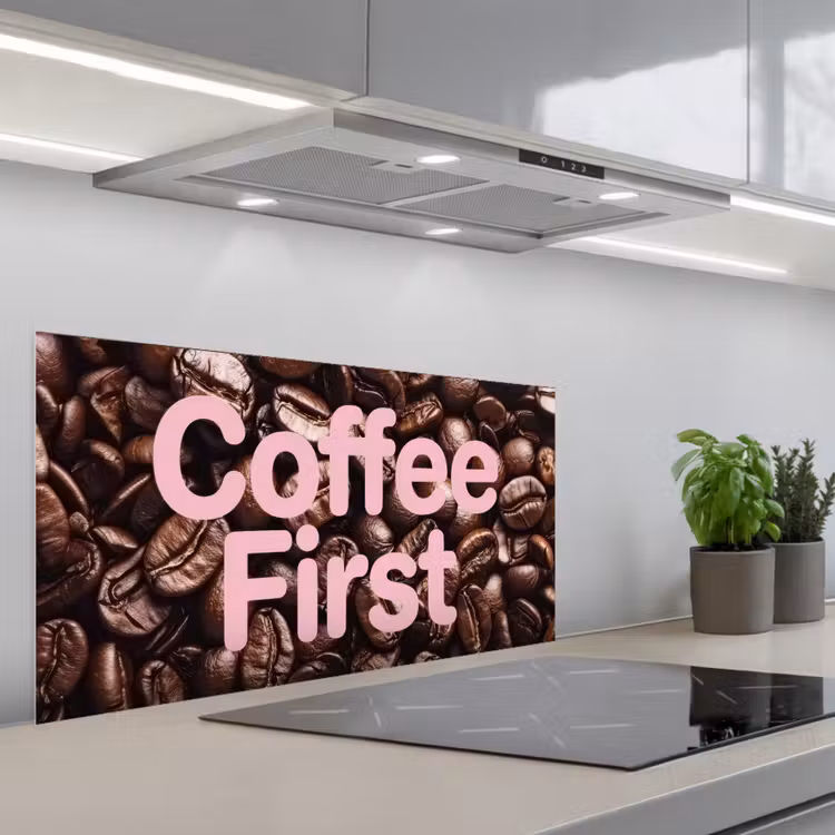Coffee First - Koffiebonen - Roze keuken achterwand spatscherm middel -3d_schuin