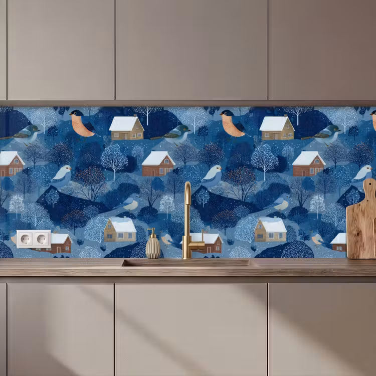 Huisjes - Vogels - Sneeuw - Winter - Blauw keuken achterwand 2 middel 871 zz_3dshopping