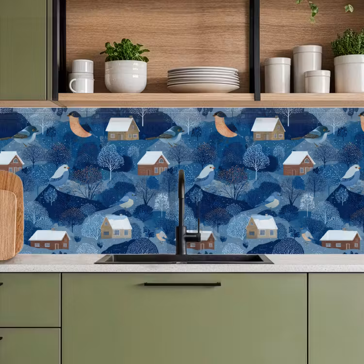 Huisjes - Vogels - Sneeuw - Winter - Blauw keuken achterwand 2 middel 871 -sfeer3